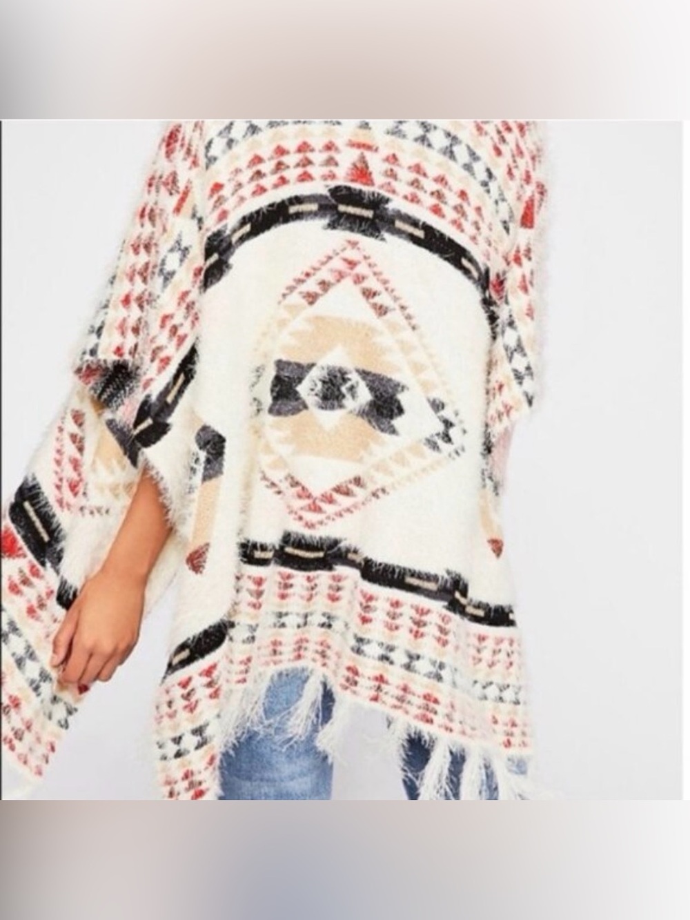 Free People Cream Aztec Knit Poncho with Black, Red & Tan Accents